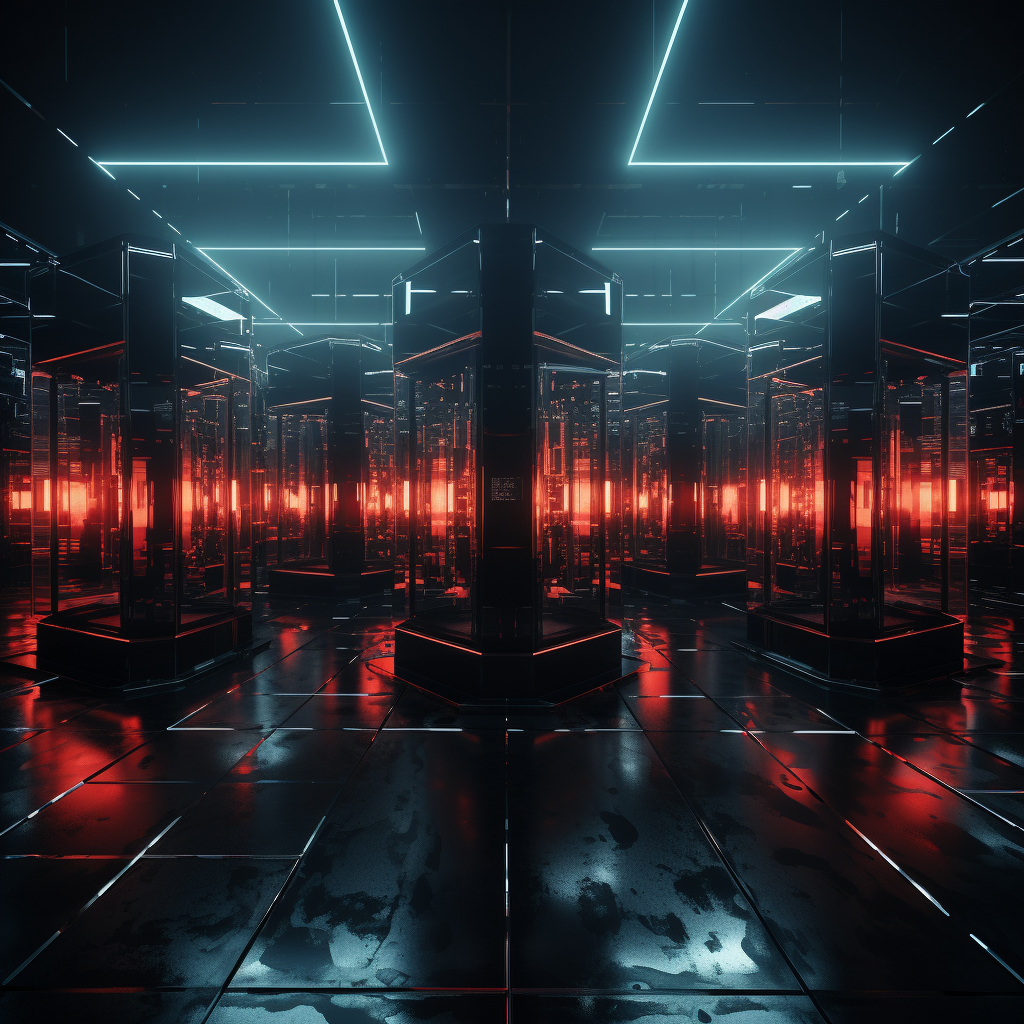 Dark cyber structure with red neon lights