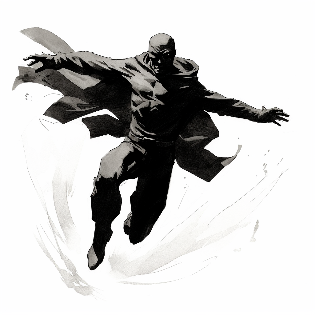 Dynamic hovering superhero sketch by Mike Mignola