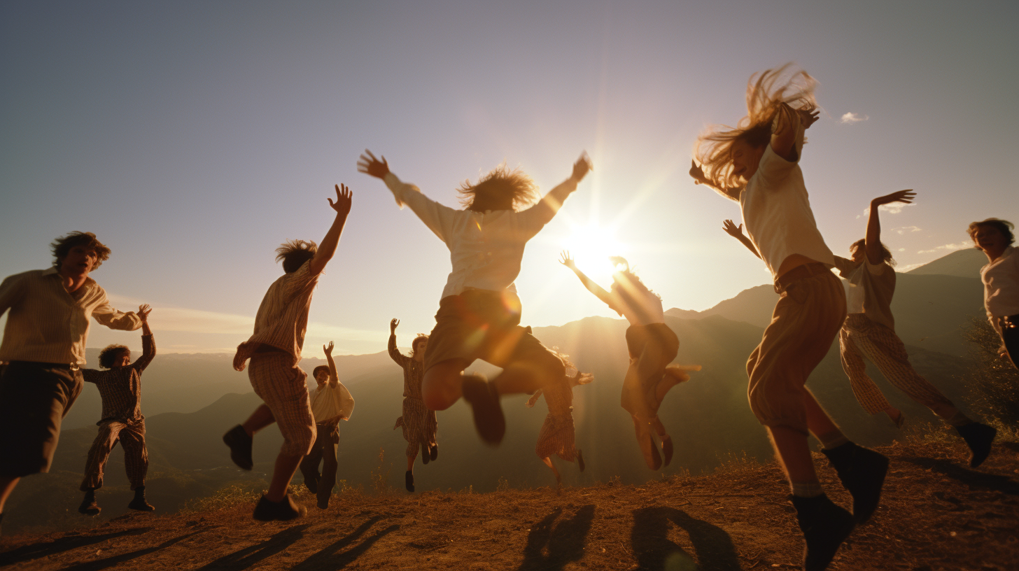 Teens dancing in twilight California hills