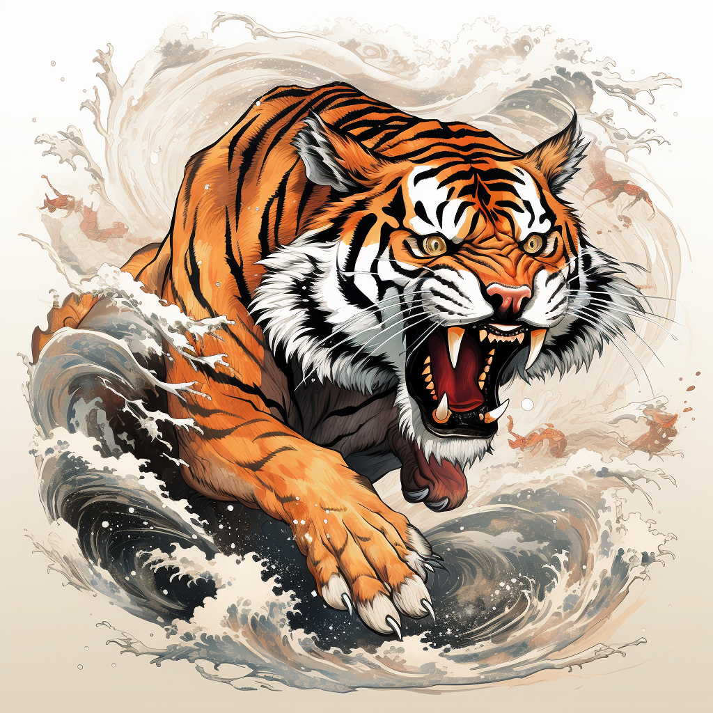 Japanese Tiger Illustration in Dynamic Pose