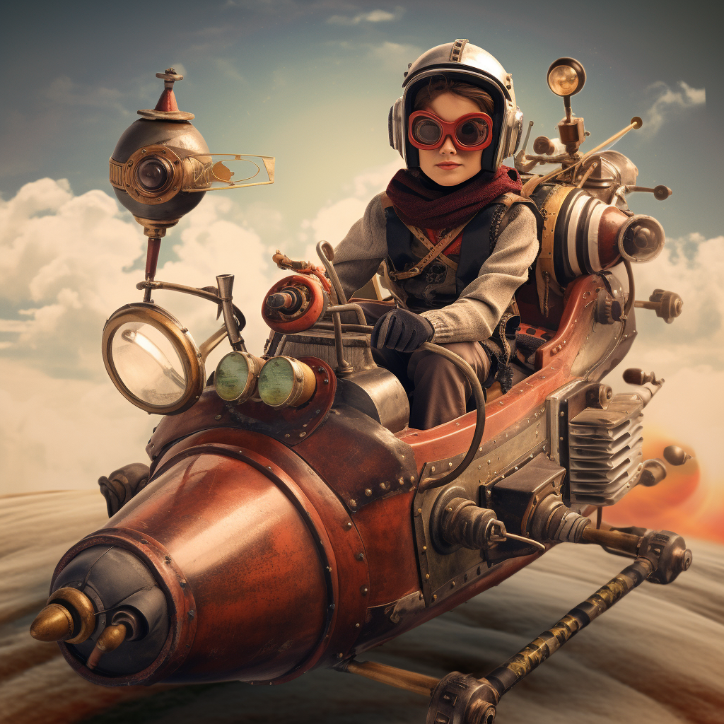 Child piloting dynamic steampunk podracer