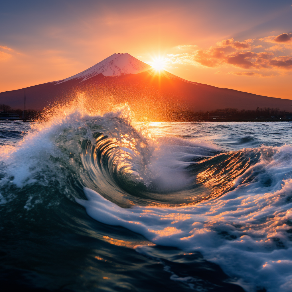 Beautiful sunset with dynamic waves and Mt. Fuji