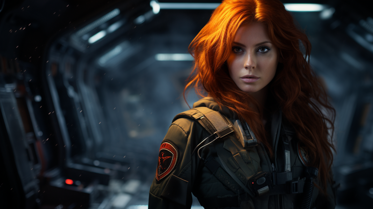 Red-haired female captain on spaceship bridge in dynamic lighting