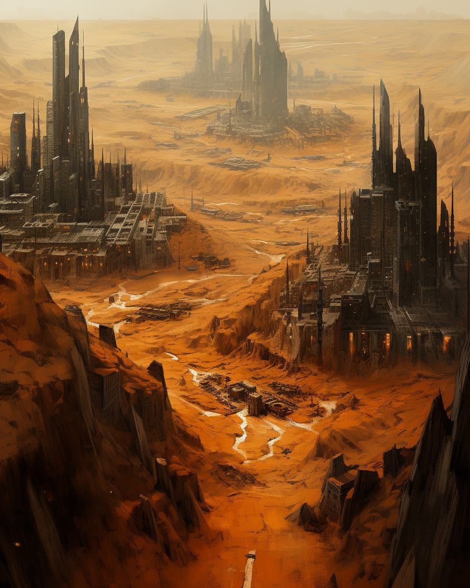 Dystopian landscape with wrecked pyramids and cyber elements