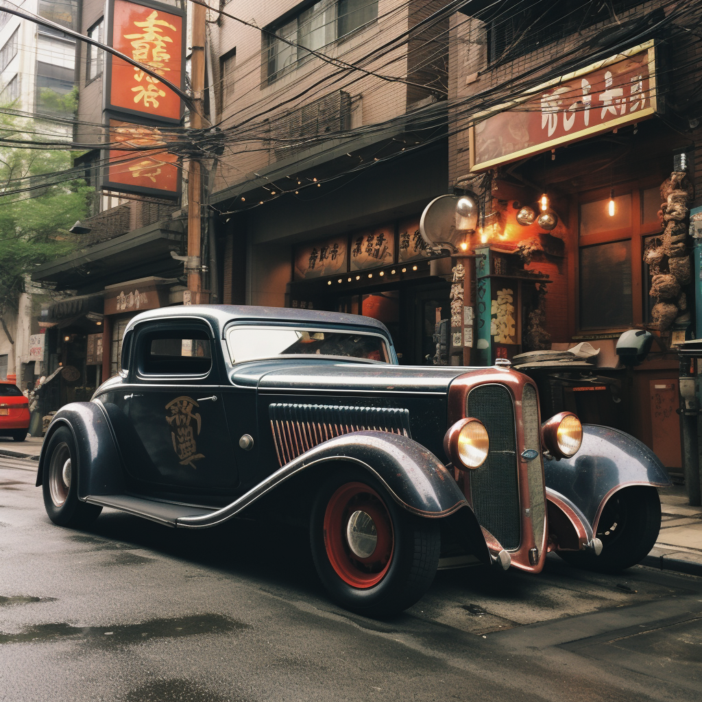 Dystopian 1930s Hotrod Parked Toyko Image