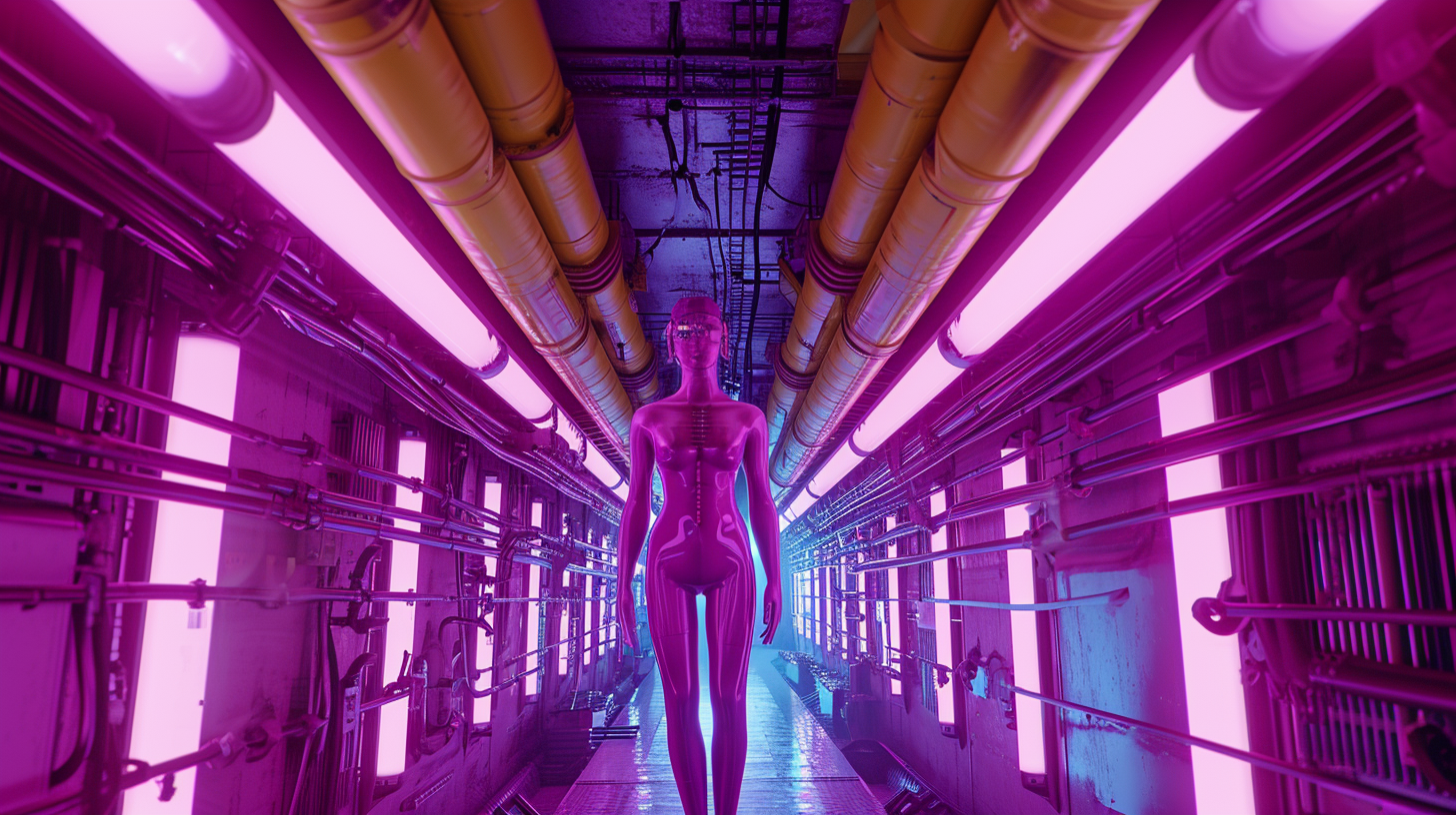 Dystopian female humanoid with symmetrical pipes in a cyberpunk setting.