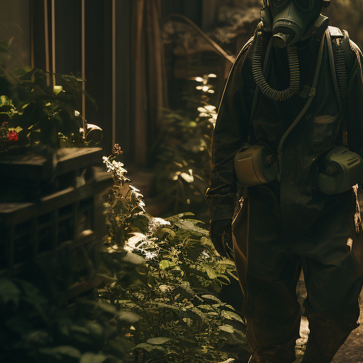 Dystopian Japanese city with gas masks in alley