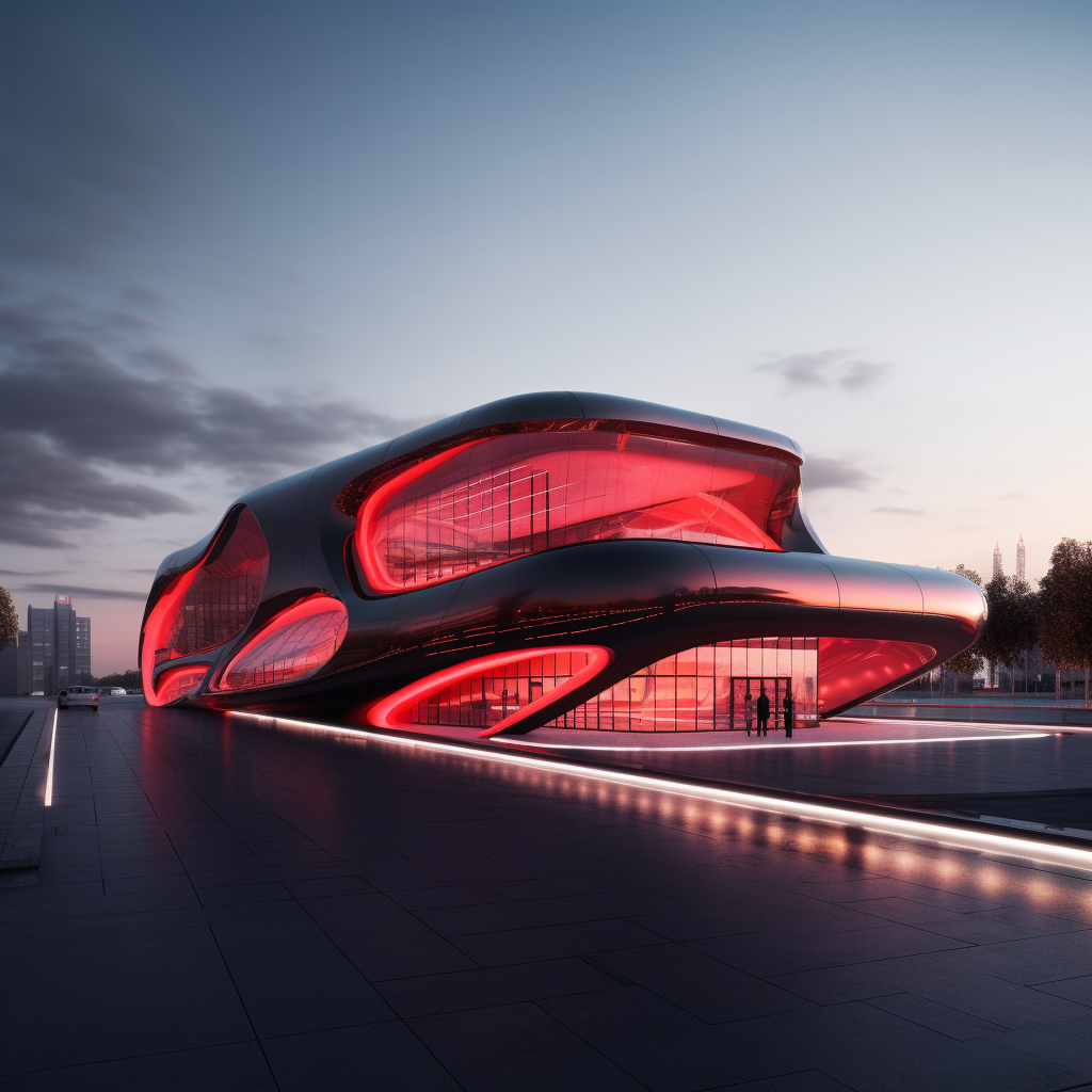 Dystopian public building with red lighting and solar panels