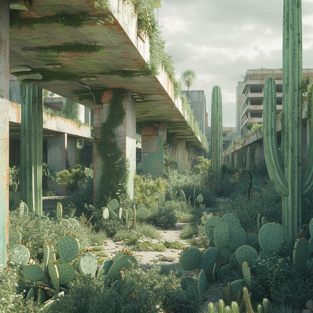 Dystopian urban landscape with overgrown cacti