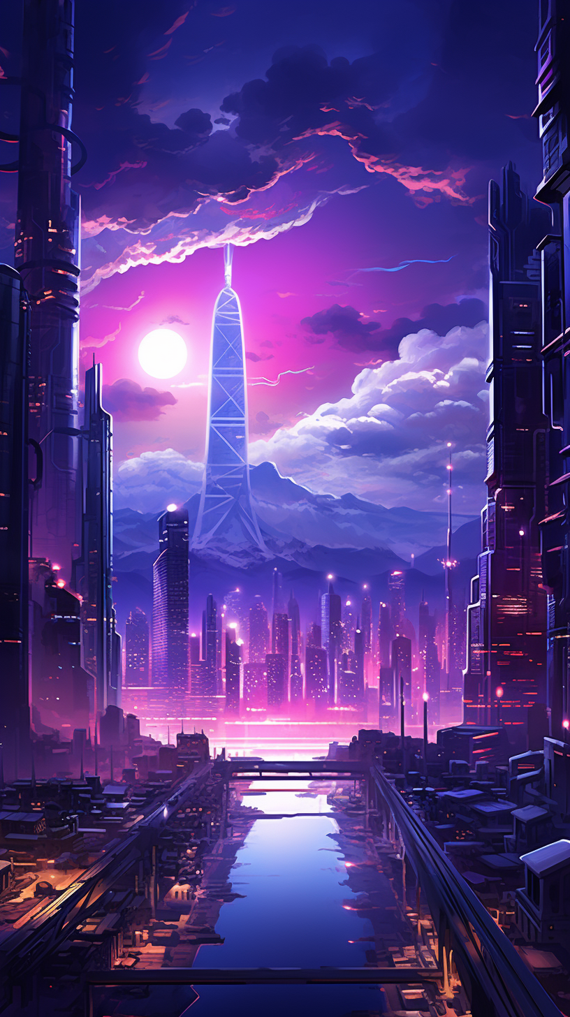 Dystopian cityscape with towering skyscrapers and neon lights