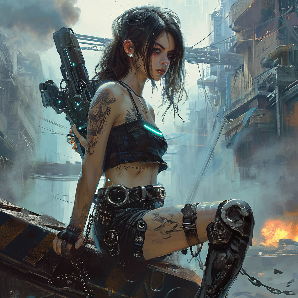 Dystopian girl with futuristic gun in destroyed city