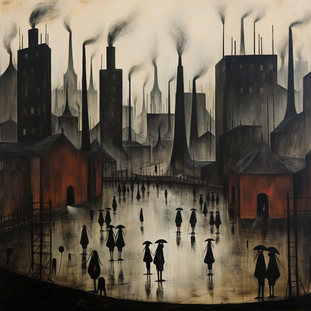 Dystopian paintings in Lowry style