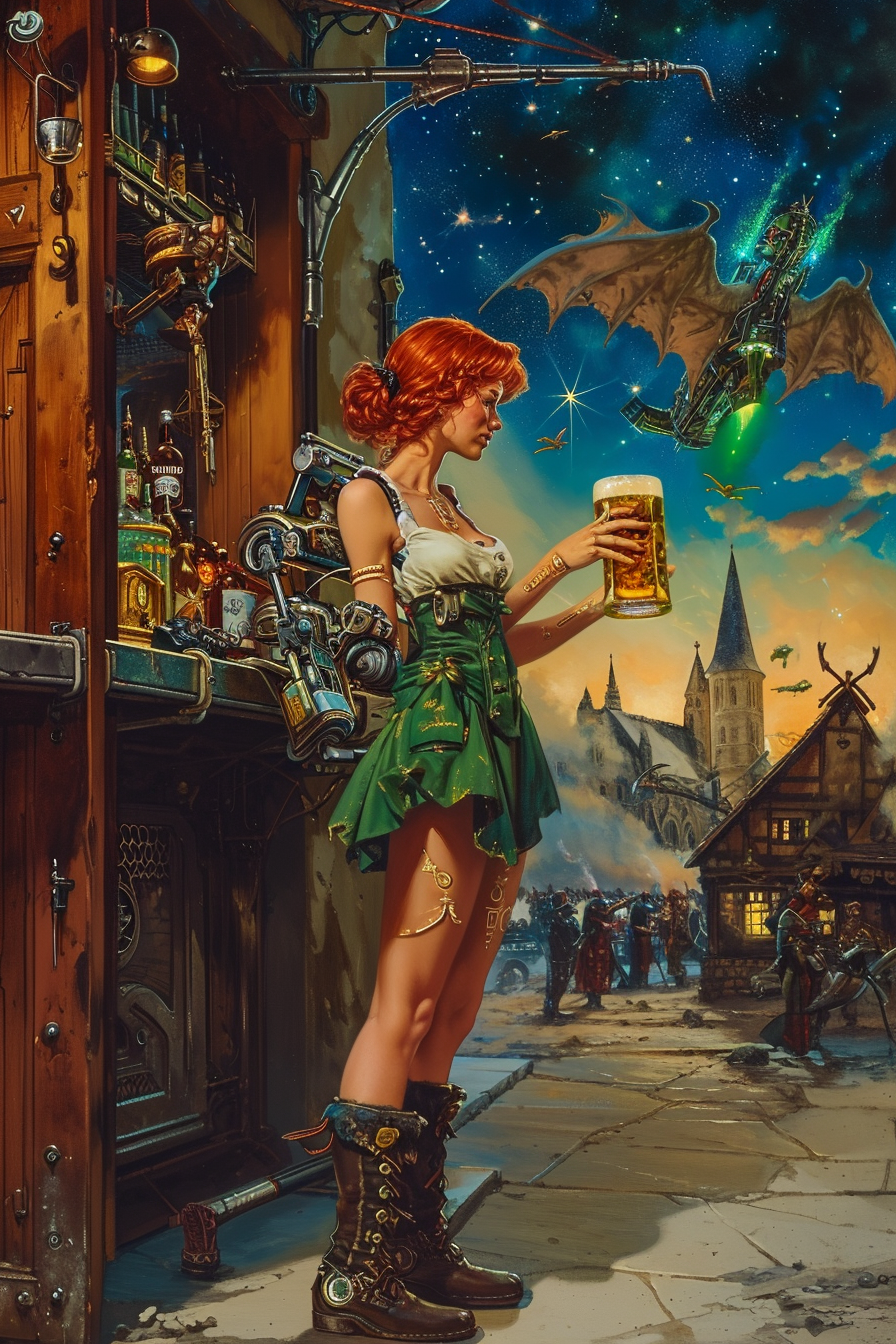 Dystopian Redhead Barmaid in Tavern Entrance