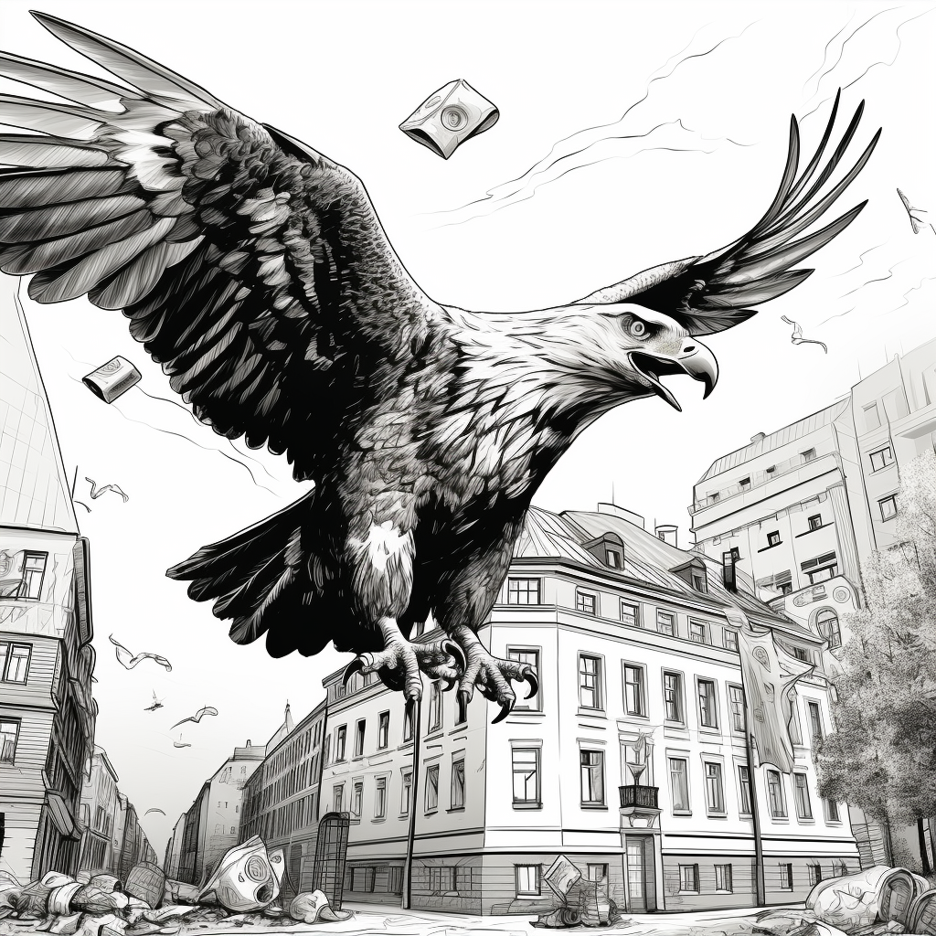 Black and White Drawing of Eagle Holding Dollar Bill