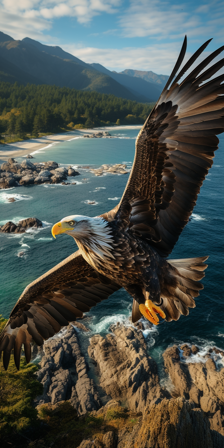 Eagle flying over mountains and sea