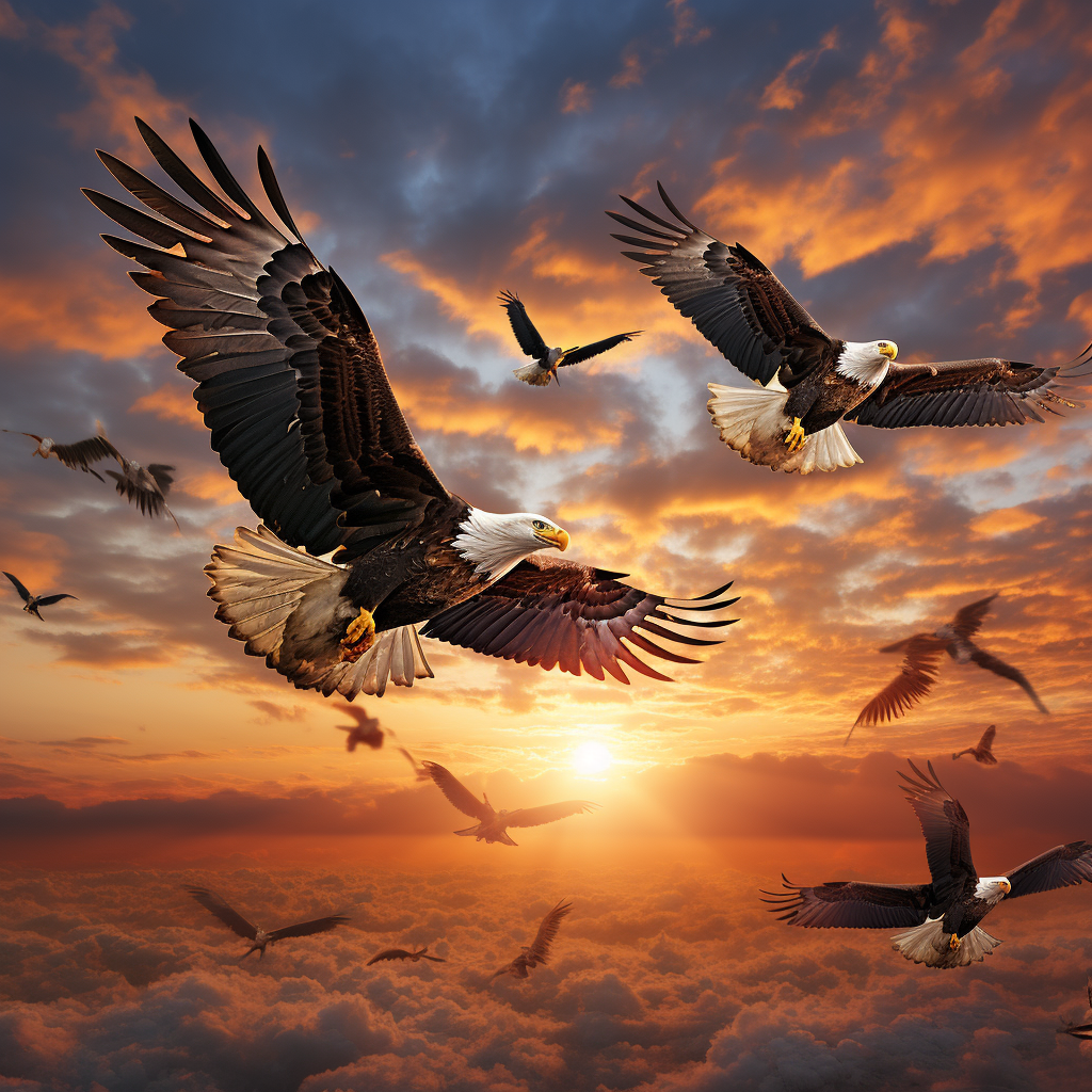 Eagles soaring through the clouds