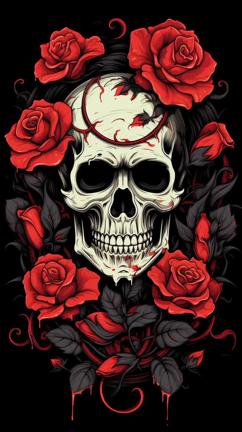 Illustration of earded mad skull, biker skull, red roses, and thorns