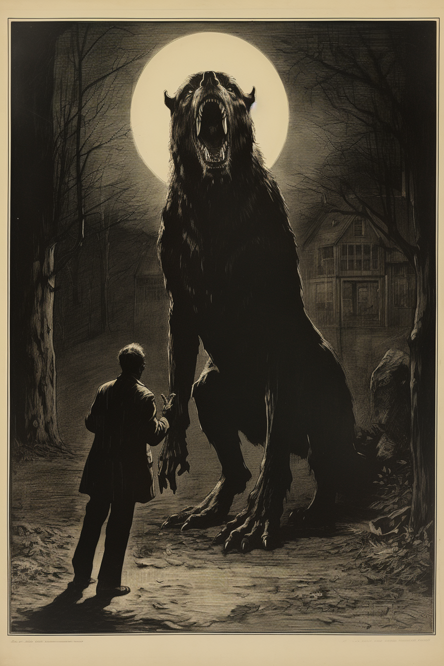 Man pointing at Dog Man in moonlit cemetery