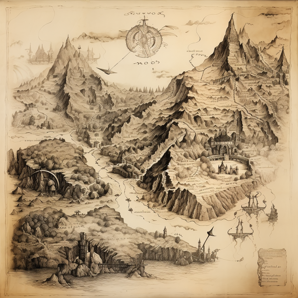 Detailed Etching of Early World Middle Earth Map