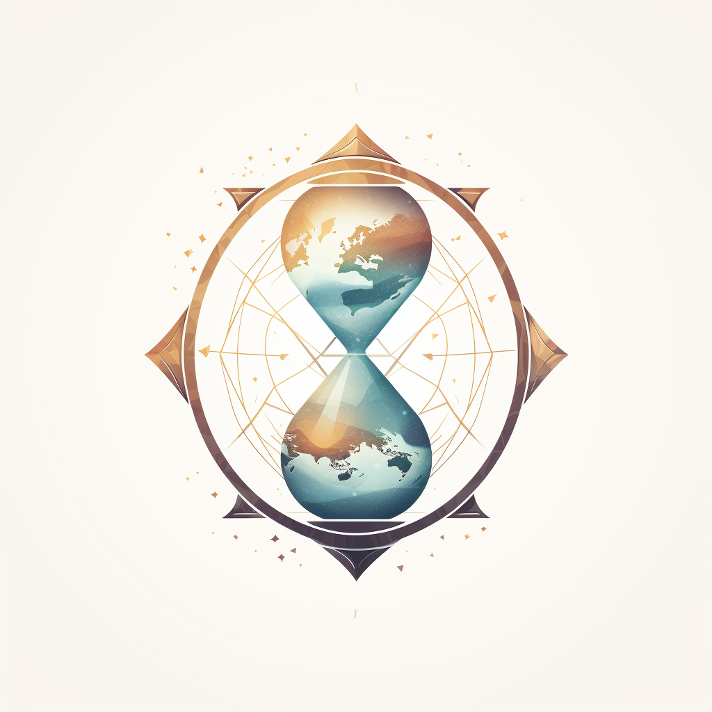 Earth compass hourglass logo on white background