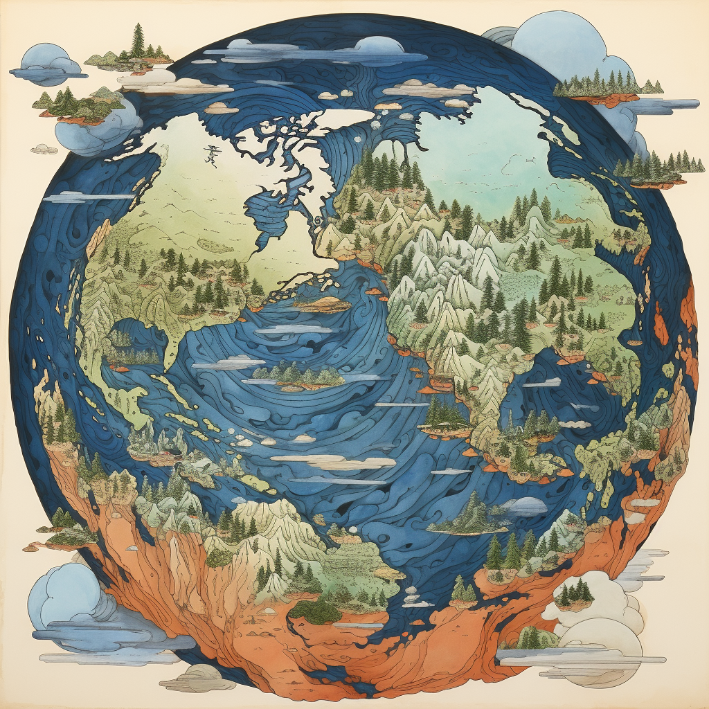 Earth Map in Hokusai's Woodblock Style