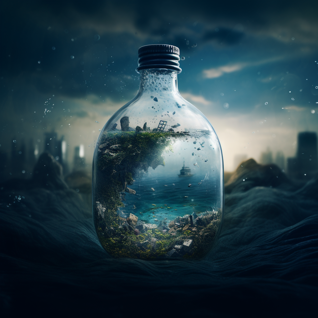 Earth inside closed water bottle floating in polluted sea