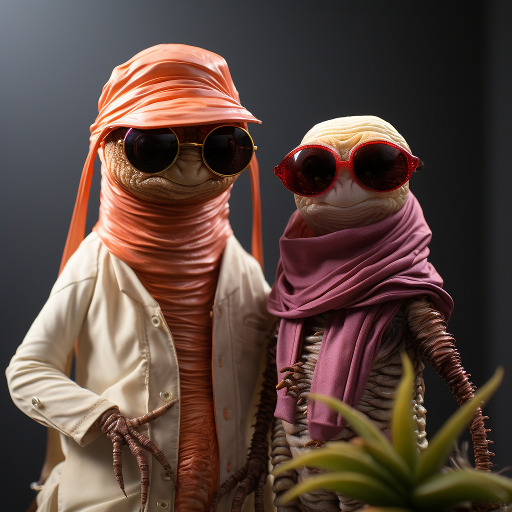 Stylish earthworms with sunglasses and caps