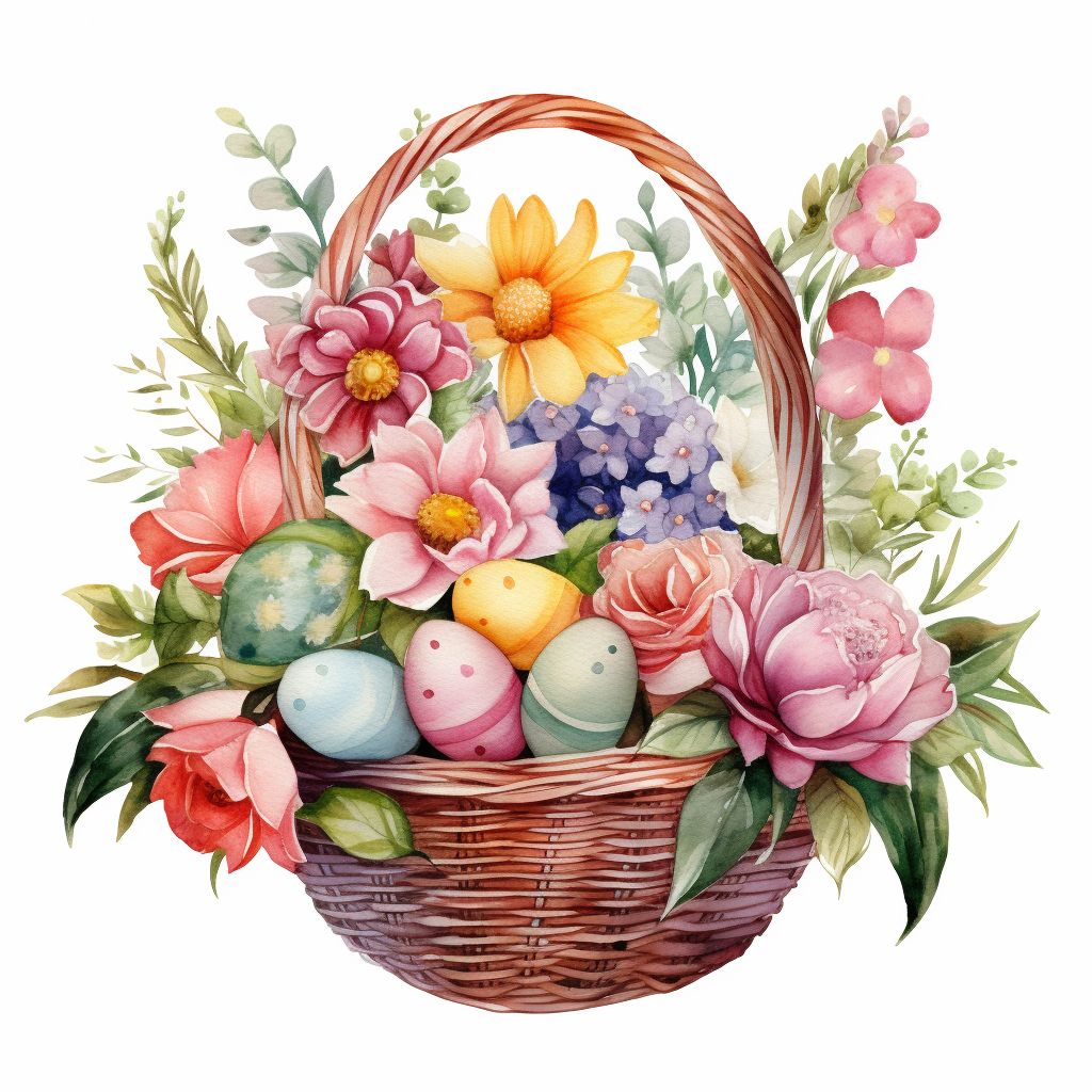 Watercolor Easter Basket with Flowers and Eggs