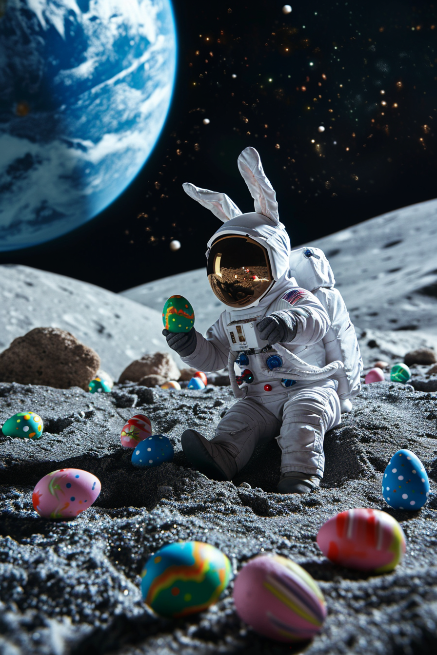 Easter Bunny in Spacesuit on Moon with Earth and Easter Eggs