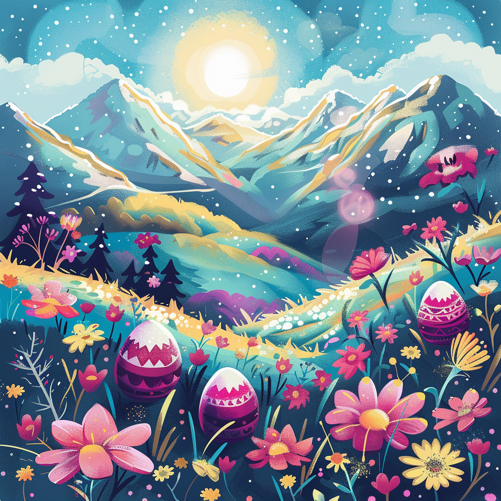 Easter eggs and flowers landscape