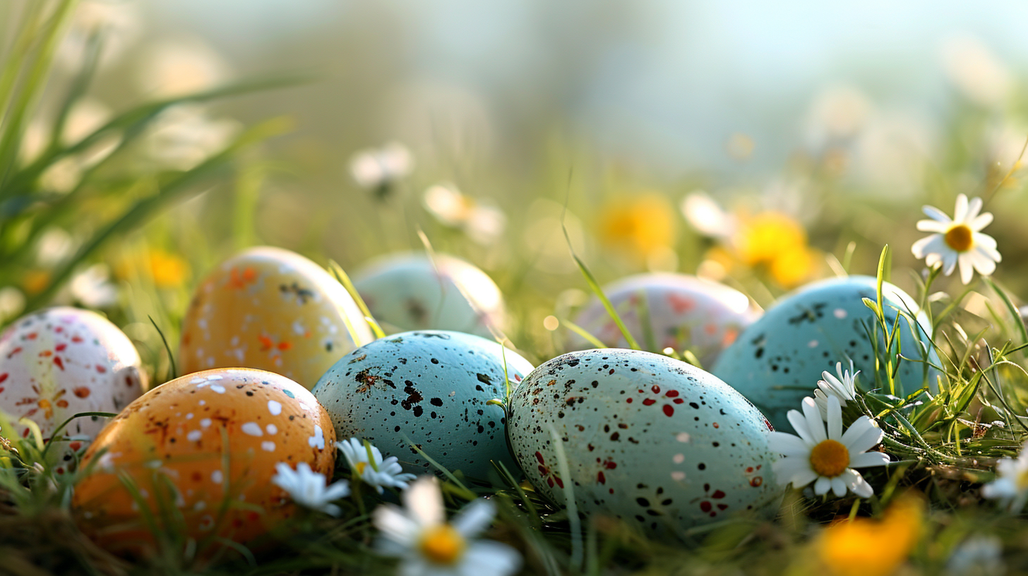 Colorful Easter egg decorations on lush green grass