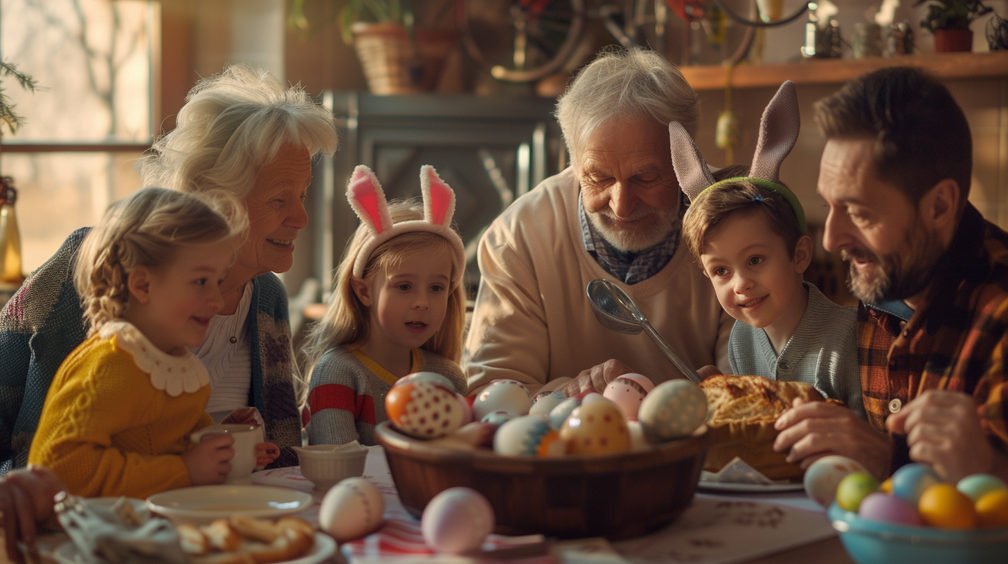 Caucasian Family Easter Dinner Table Bunny