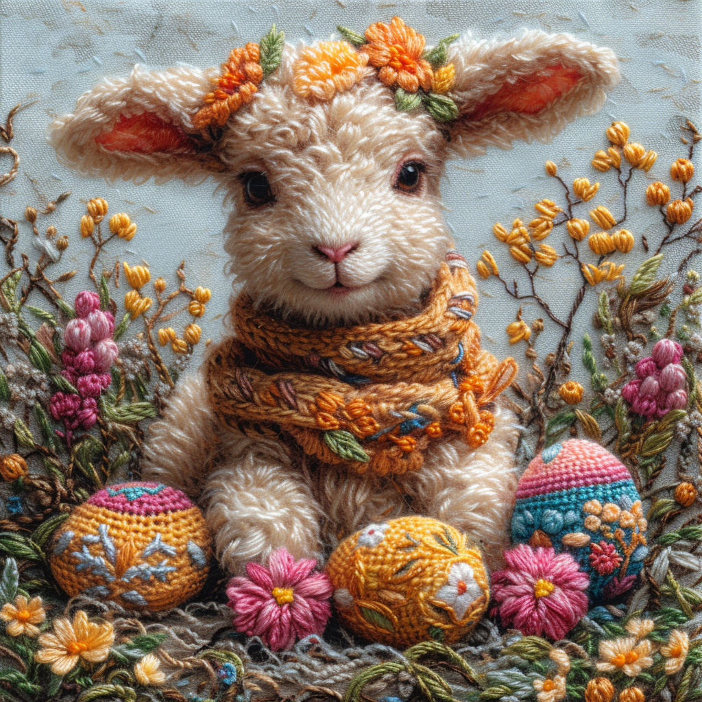 Easter Lamb with Colorful Embroidery on White