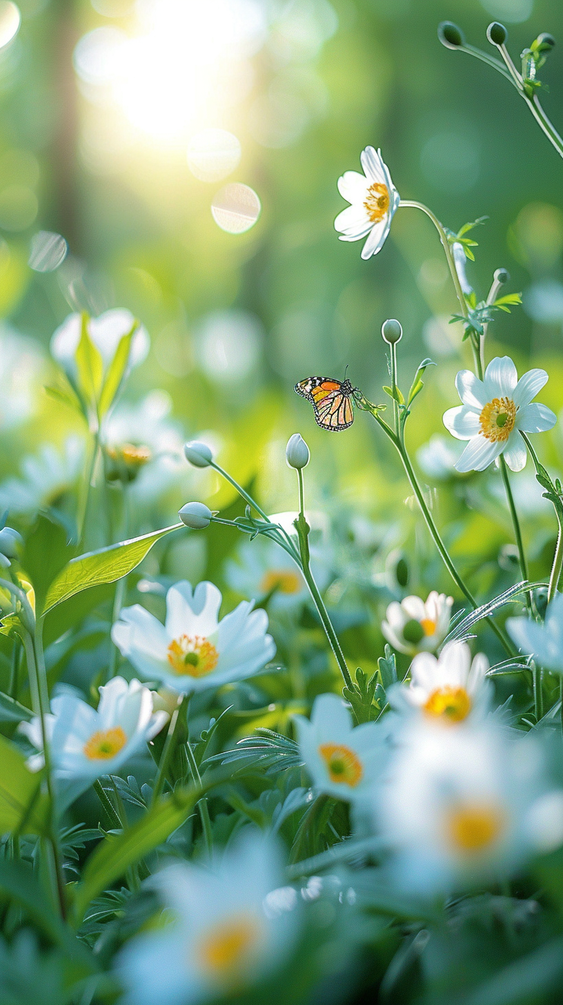 Forest meadow with white flowers