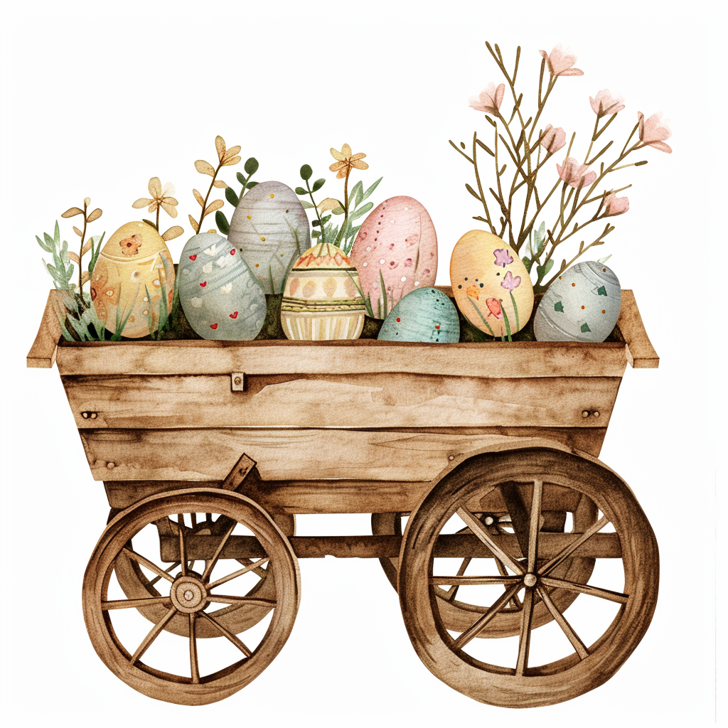 Cute Easter Wheelbarrow in Watercolor Style