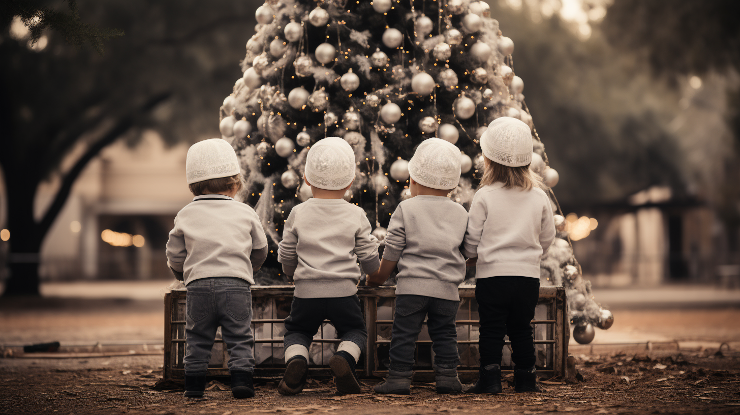 Quirky children decorating Christmas tree