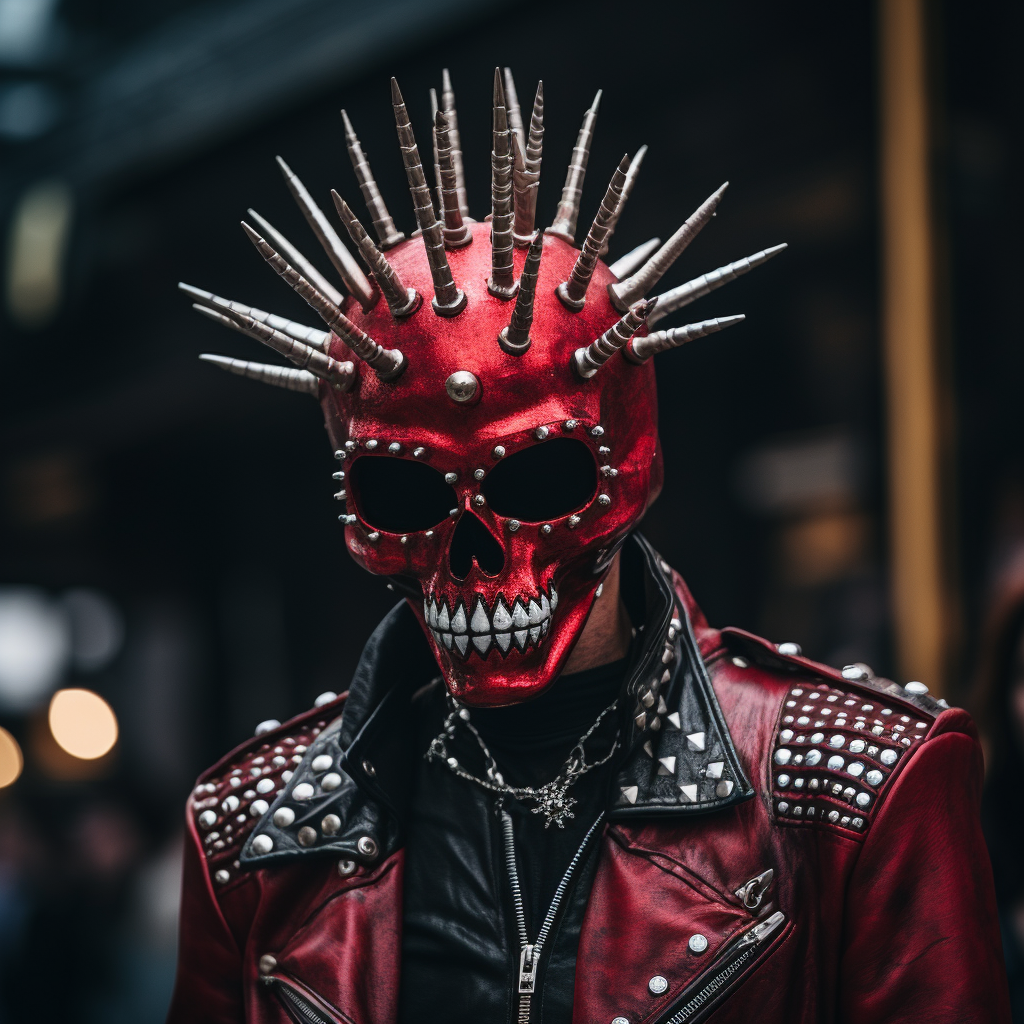 Rockstar wearing eccentric crimson leather outfit and black punk mask