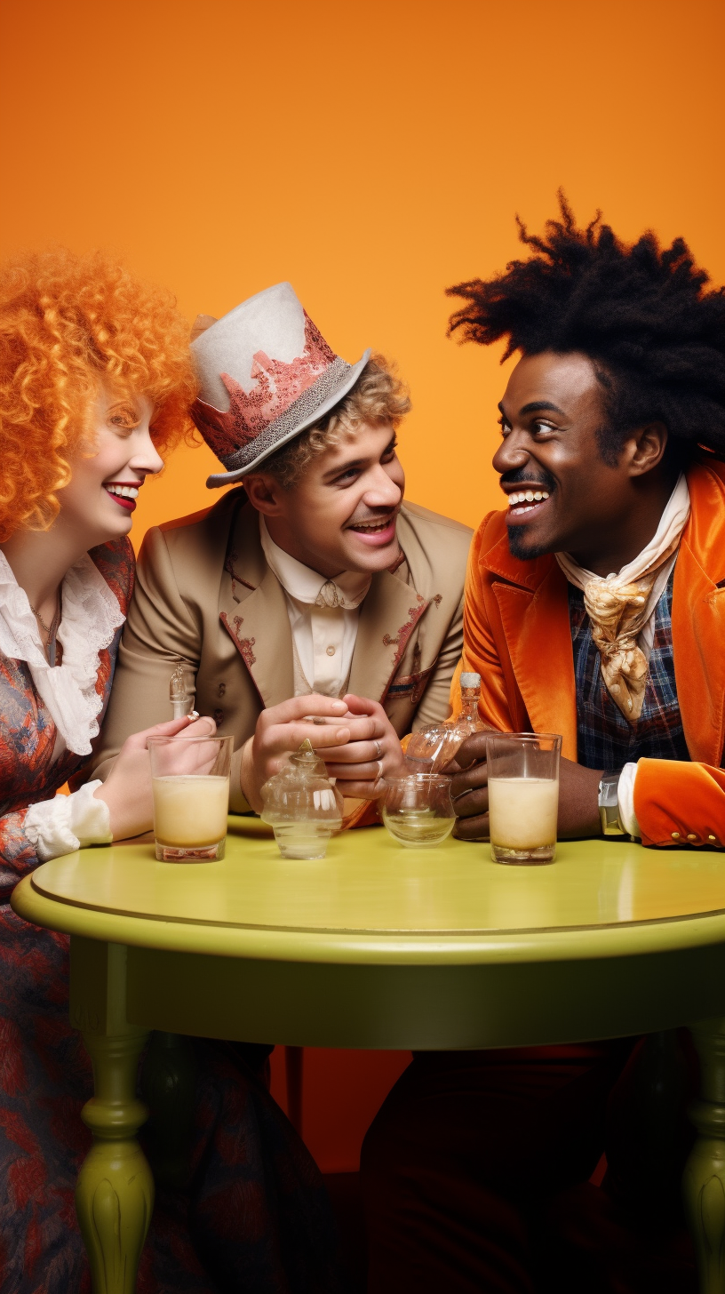 Four individuals drinking orange-infused rum and smiling