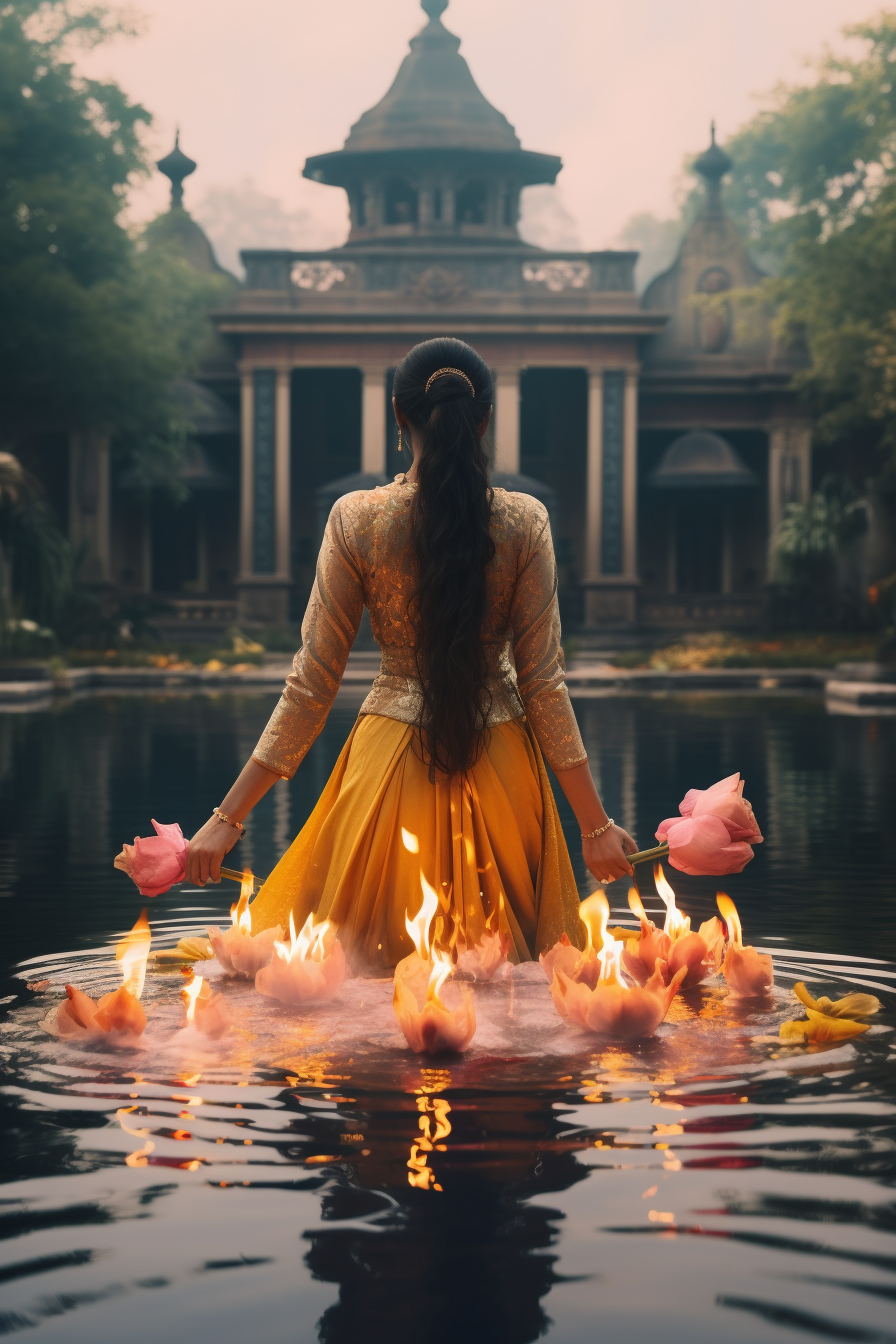 Indian lady with lotus fire bowl