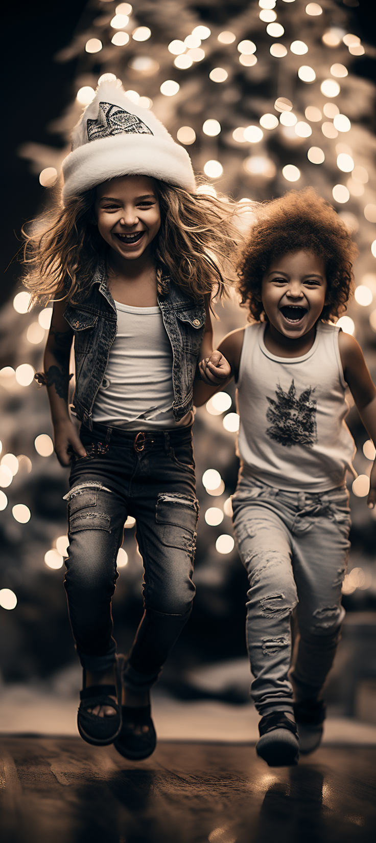 Whimsical children dancing around Christmas tree