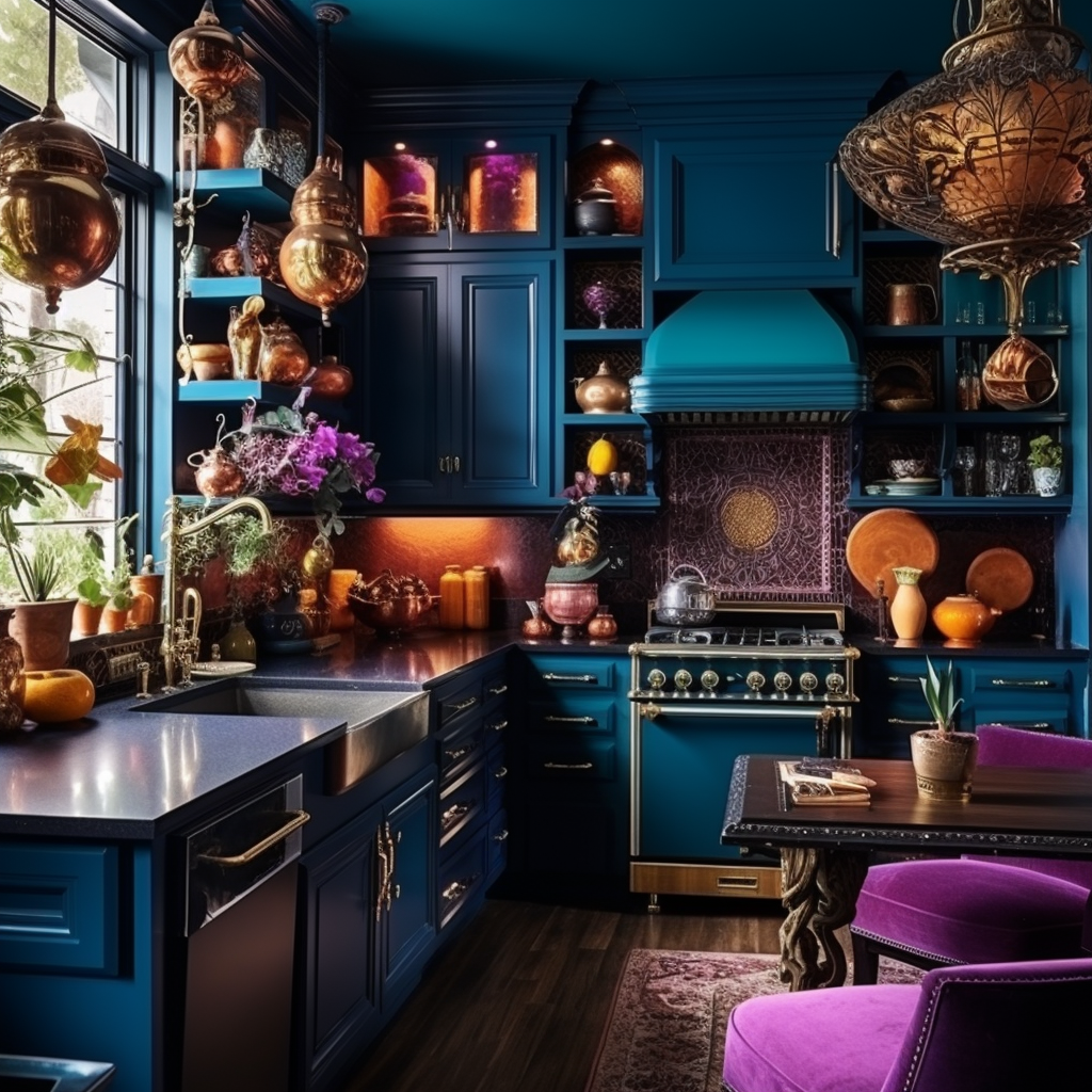 Eclectic vibrant kitchen with deep jewel-toned décor