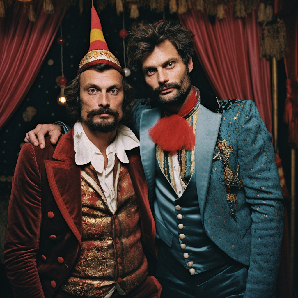 Two men in disguise at eclectic circus theme party