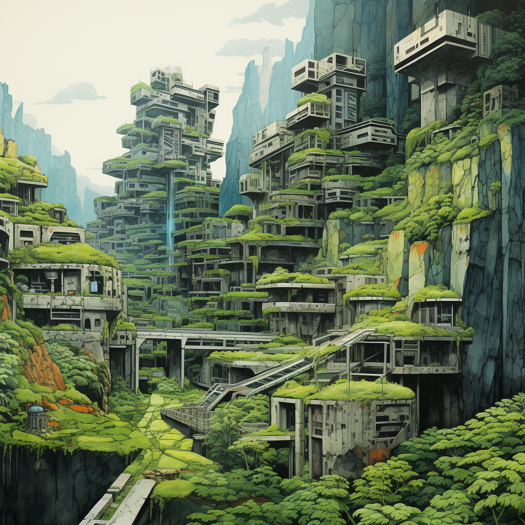 Fantasy Eco-Brutalist Mountain City Drawing