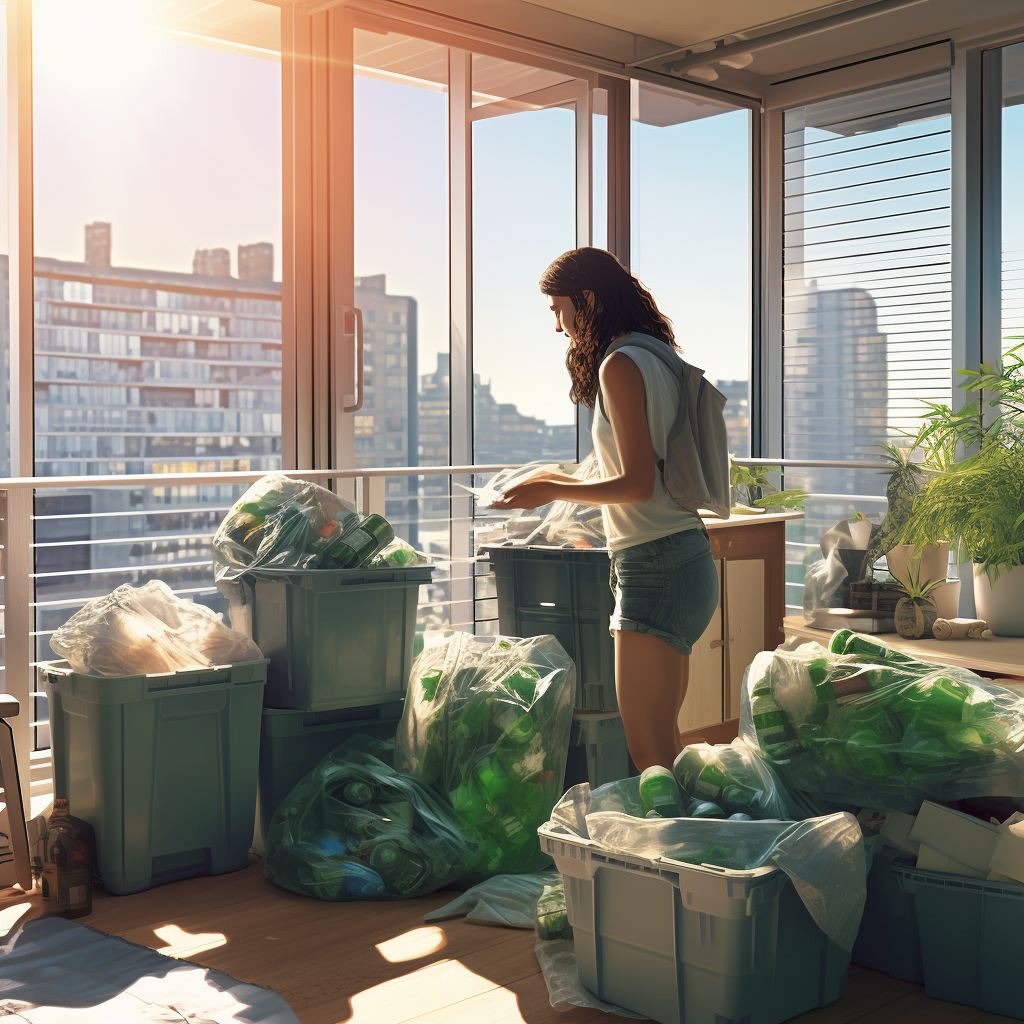 Young woman recycling items in eco-friendly apartment