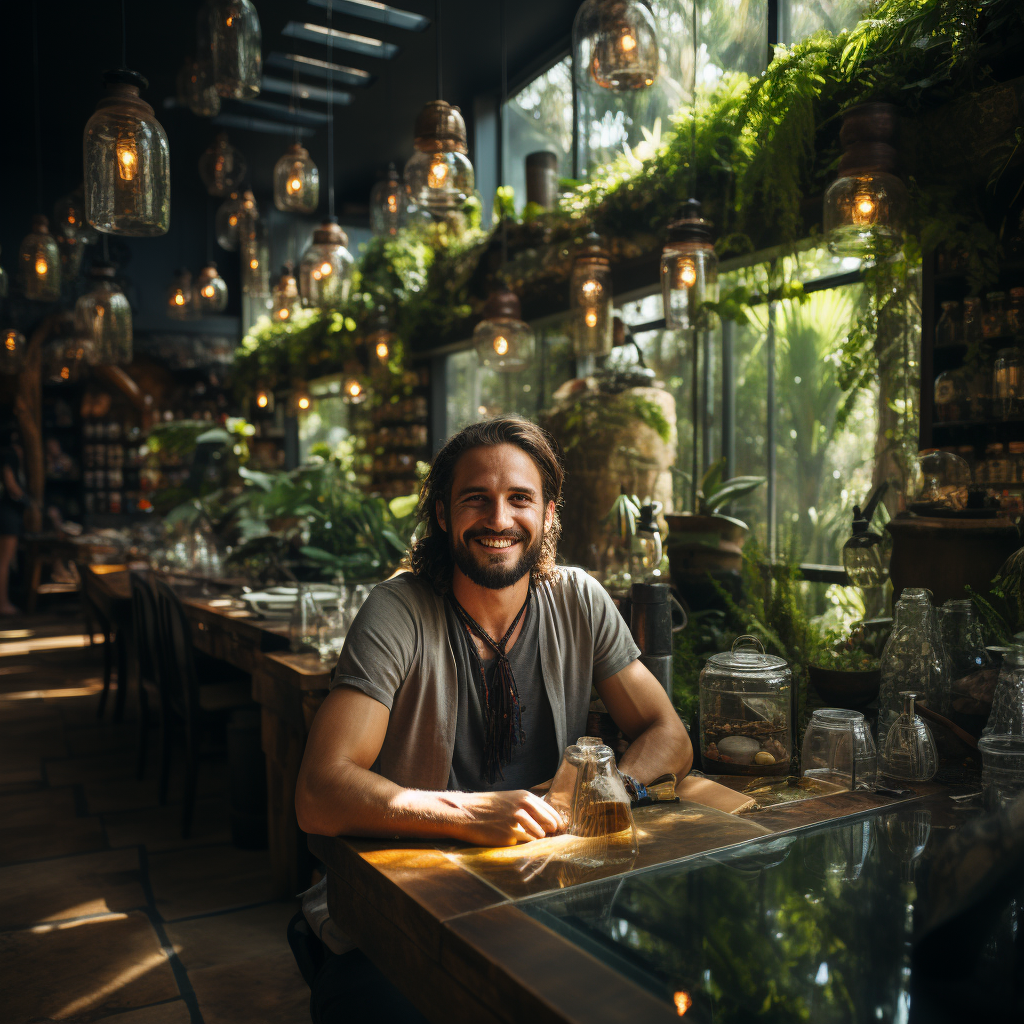 Smiling restaurateur in ecofriendly restaurant