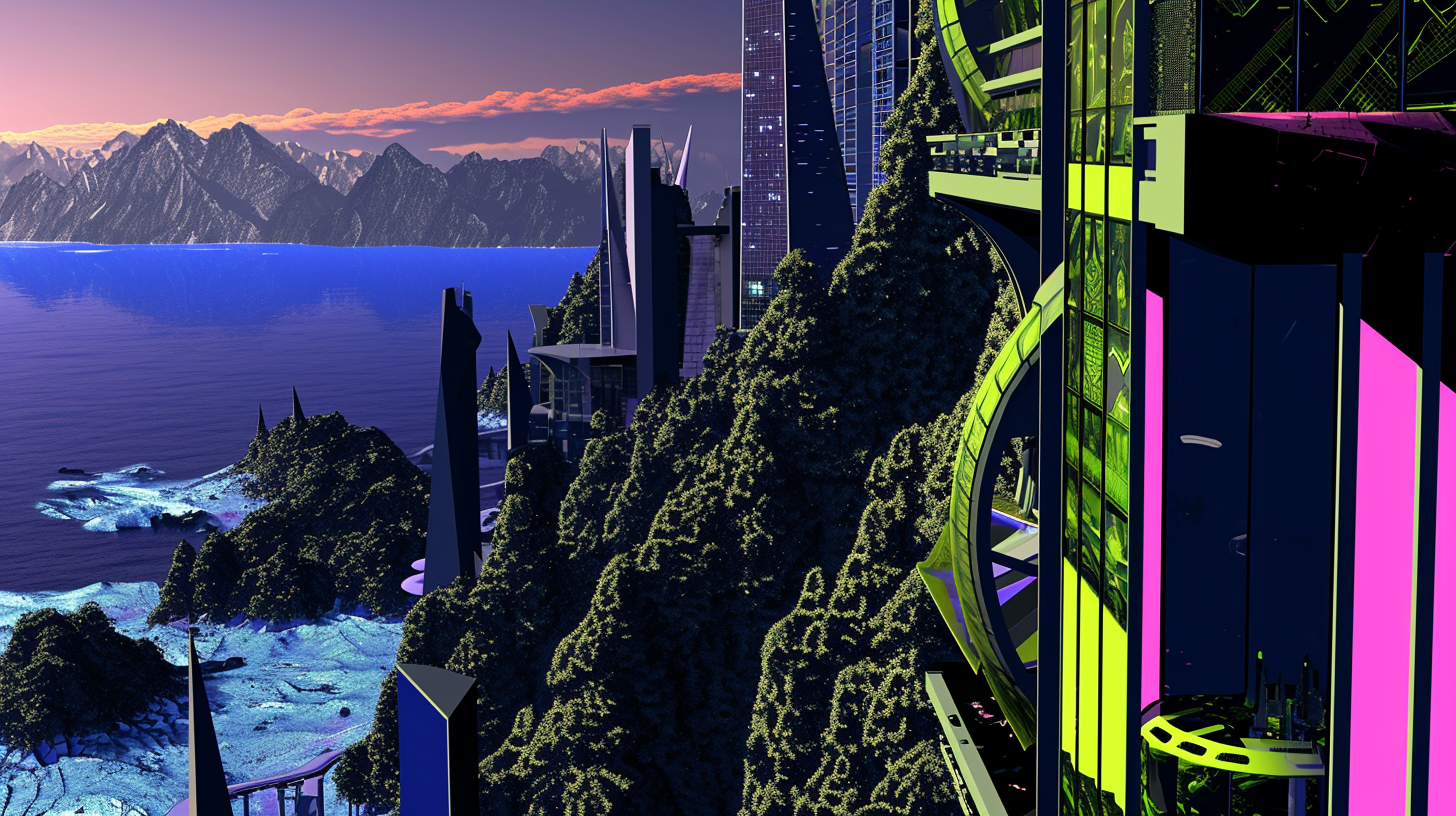 Ecopunk Metropolis Dusk with Mountains and Ocean