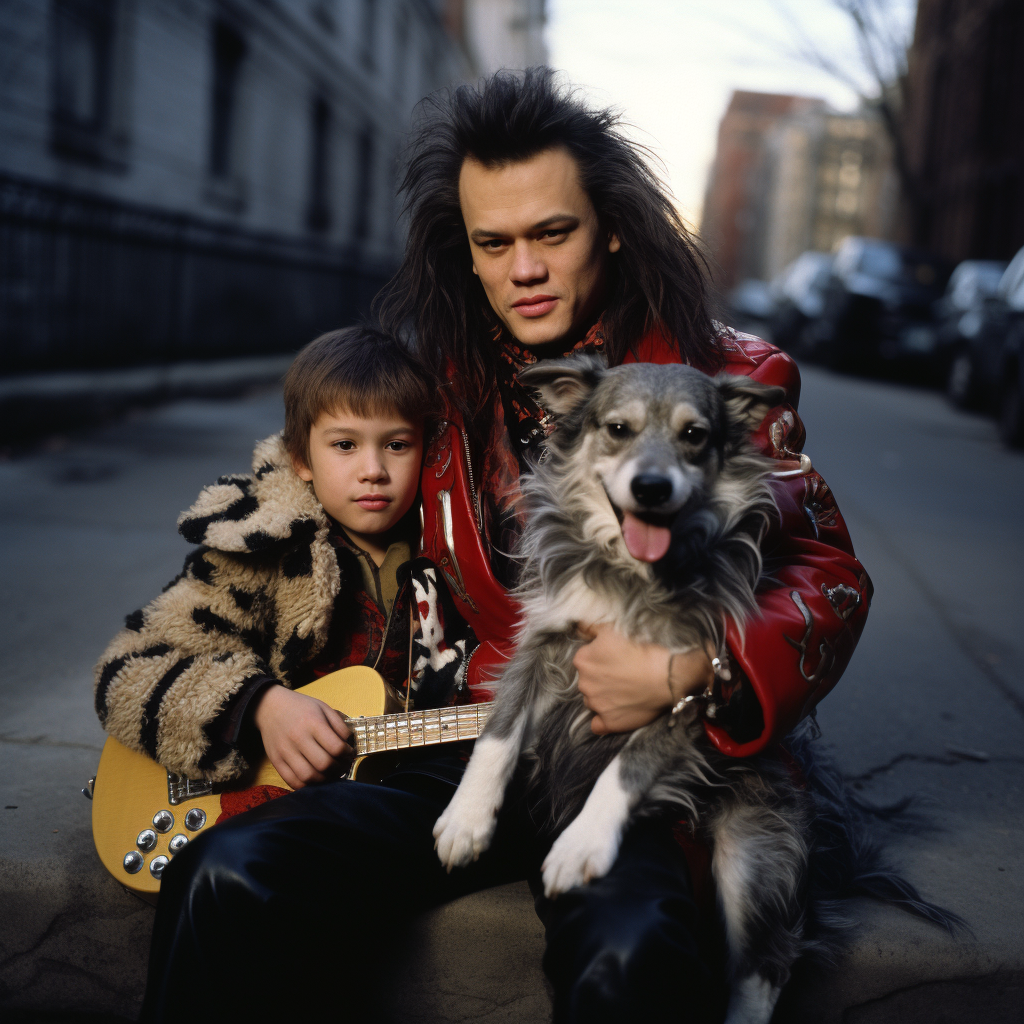 Eddie Van Halen with Coat Tails and Portly Son Eating Hamburger