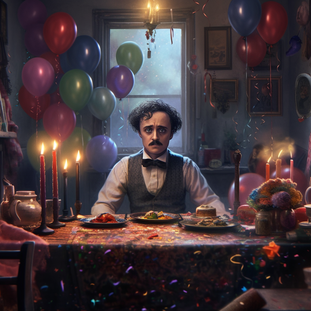 Edgar Allen Poe with Balloons and Confetti