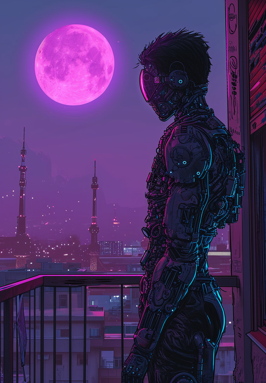 Cybernetic Edgerunner on Hotel Balcony with Purple Moon