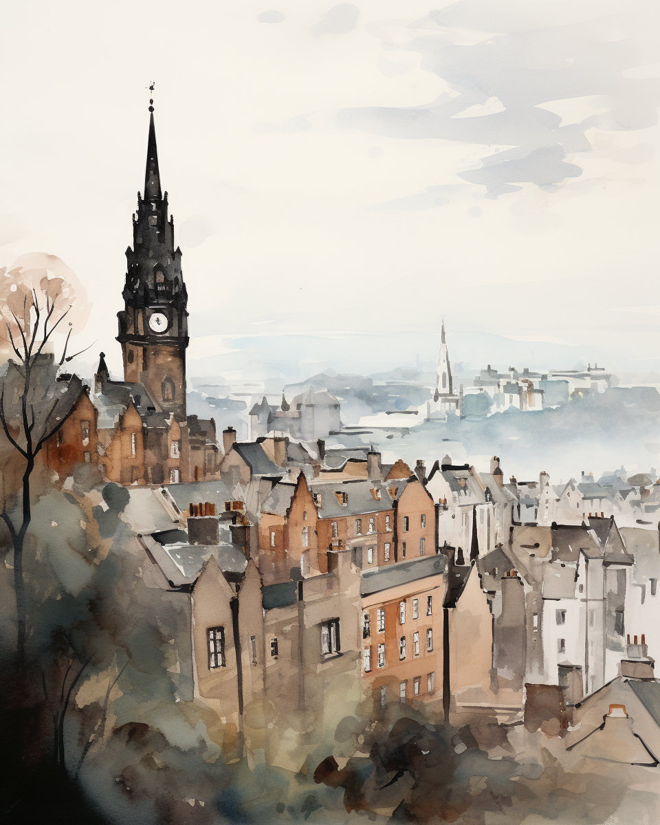 Expressive watercolor sketch of Edinburgh from an unusual angle